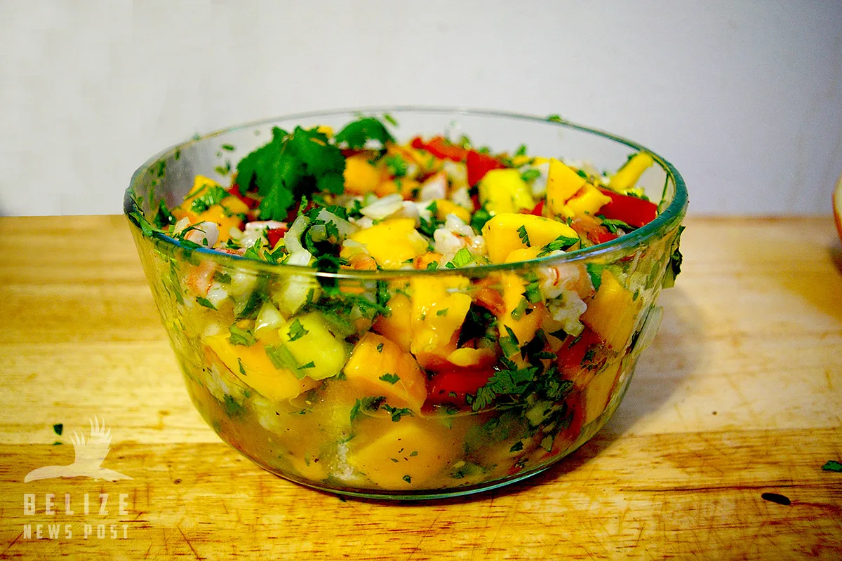 Belizean Mango Shrimp Ceviche Recipe Complete Displayed on a Butcher Block