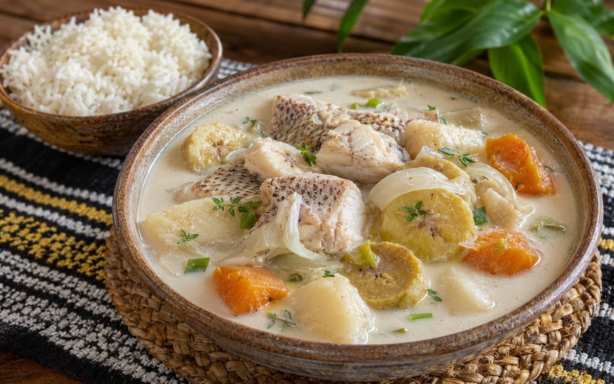 Bowl of Belizean sere, fish in coconut broth with carrot, onion, plantain and root vegetables, served with white rice