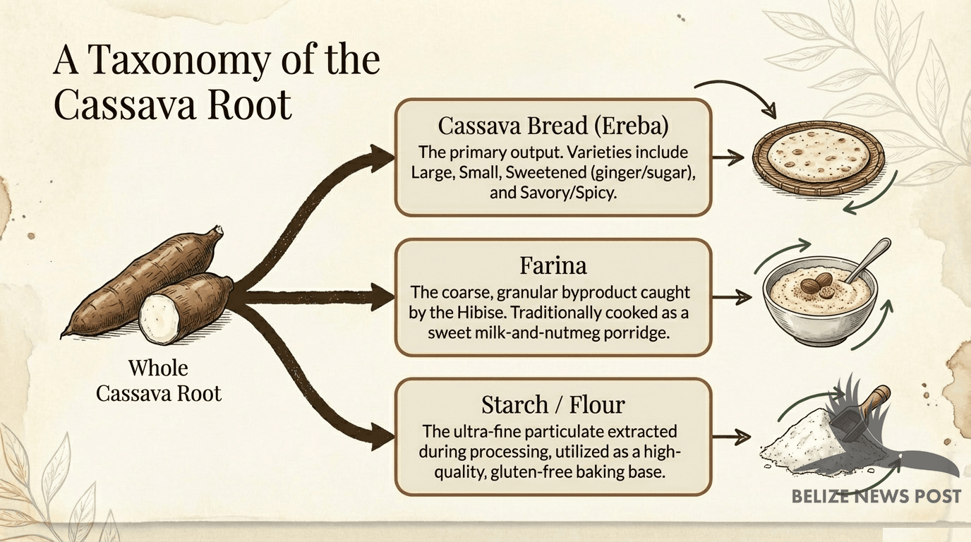 Diagram showing cassava root products: ereba cassava bread, farina, and starch from Belizean cassava processing