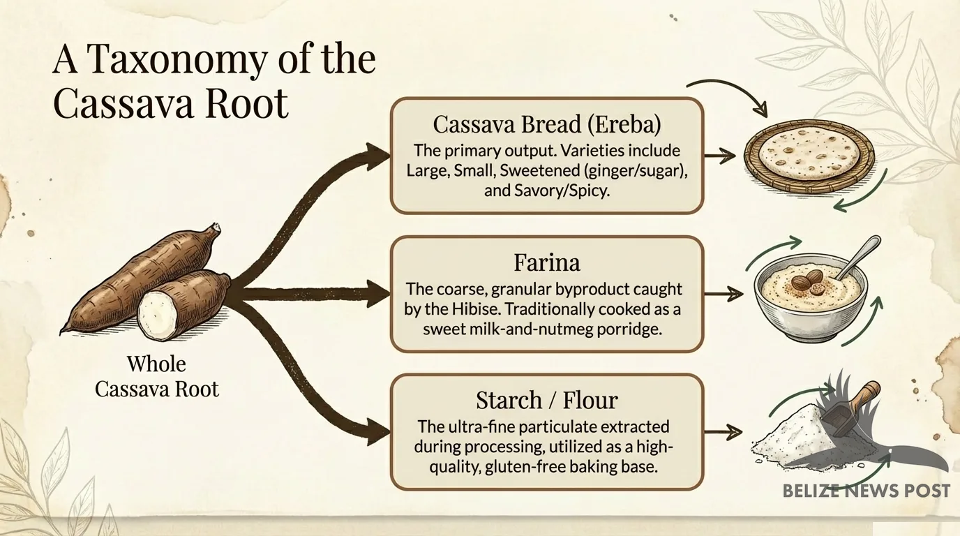 Diagram showing cassava root products: ereba cassava bread, farina, and starch from Belizean cassava processing