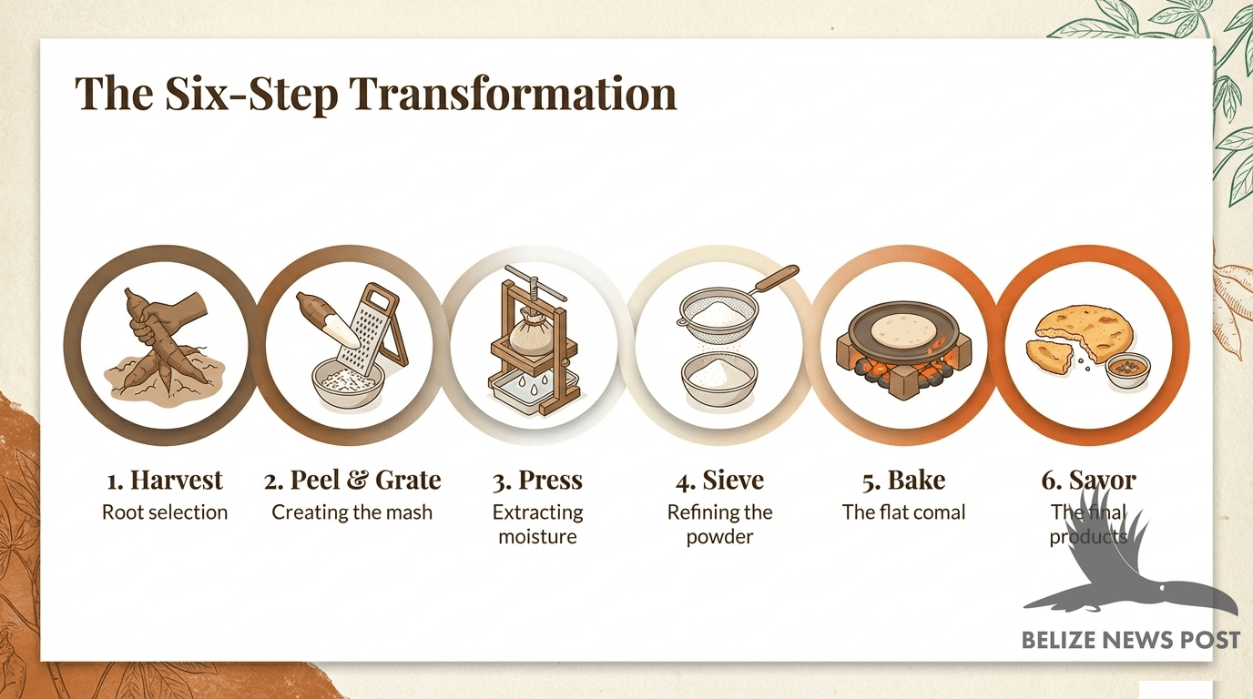 Six-step process for making Garifuna cassava bread from harvest to baking