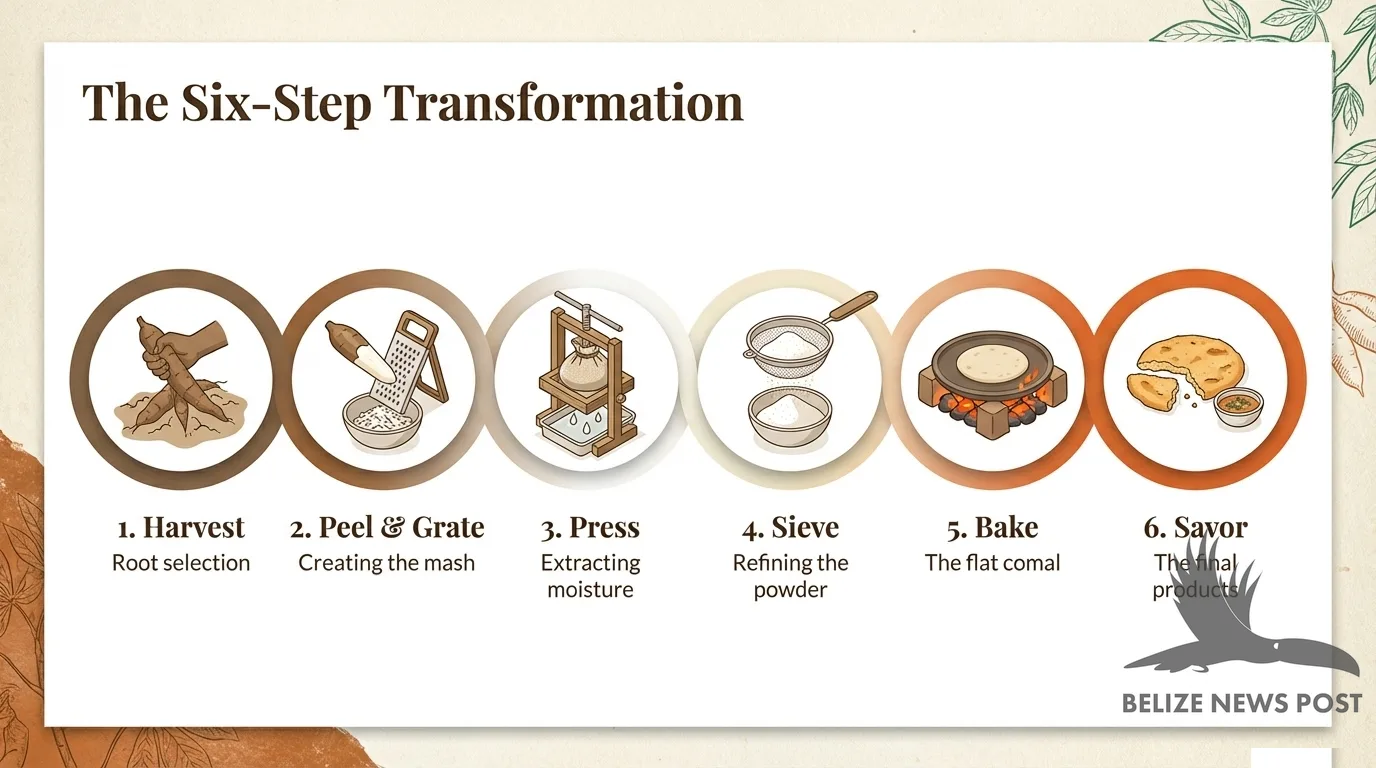Six-step process for making Garifuna cassava bread from harvest to baking