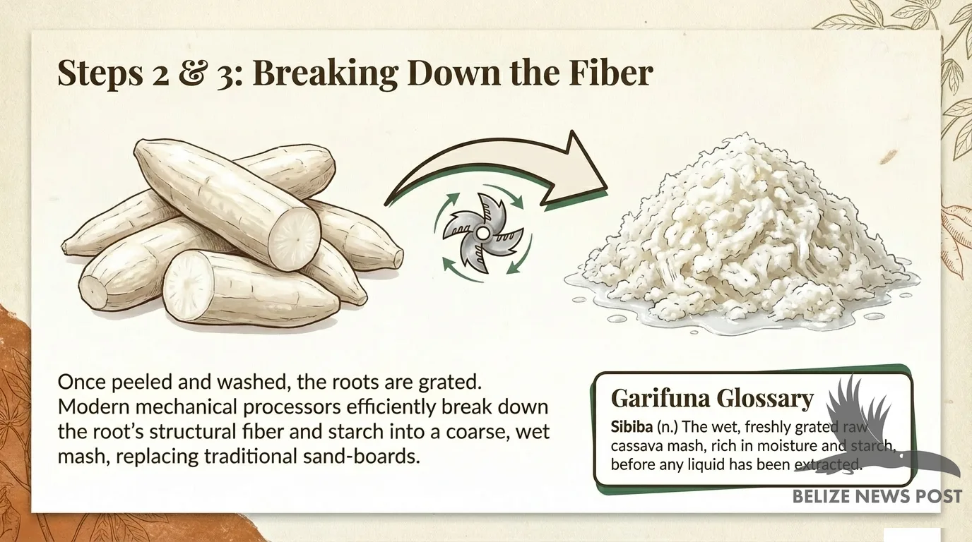 Grating cassava root to make sibiba mash for Belizean cassava bread