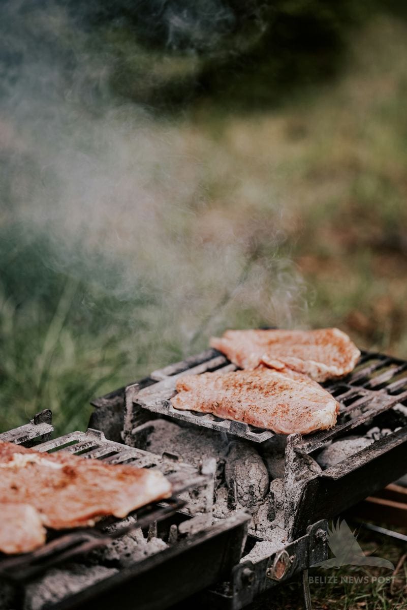 Thinly sliced pork cooking on a charcoal grill with smoke rising — poc chuc technique, Belize