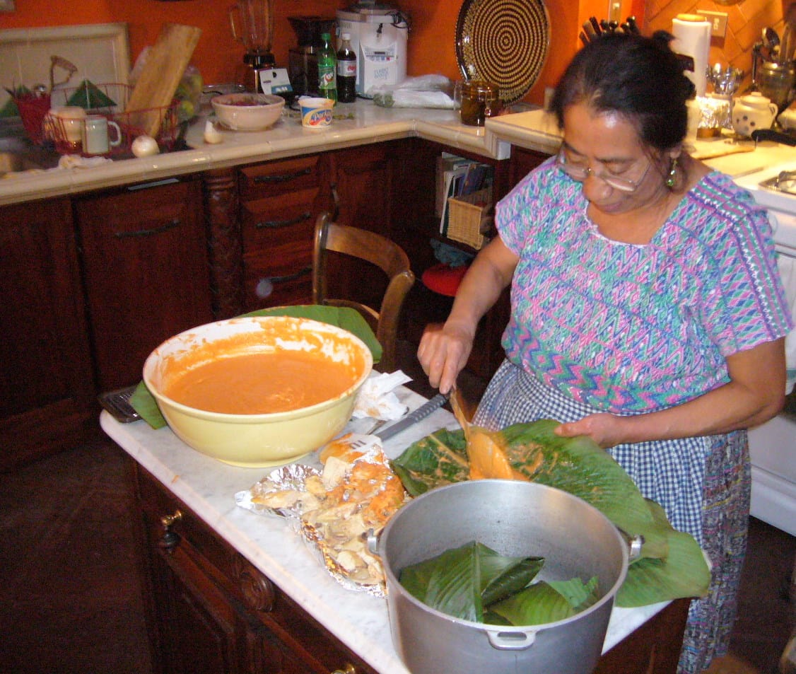 Guatemalan paches, potato-masa tamales wrapped in banana leaf