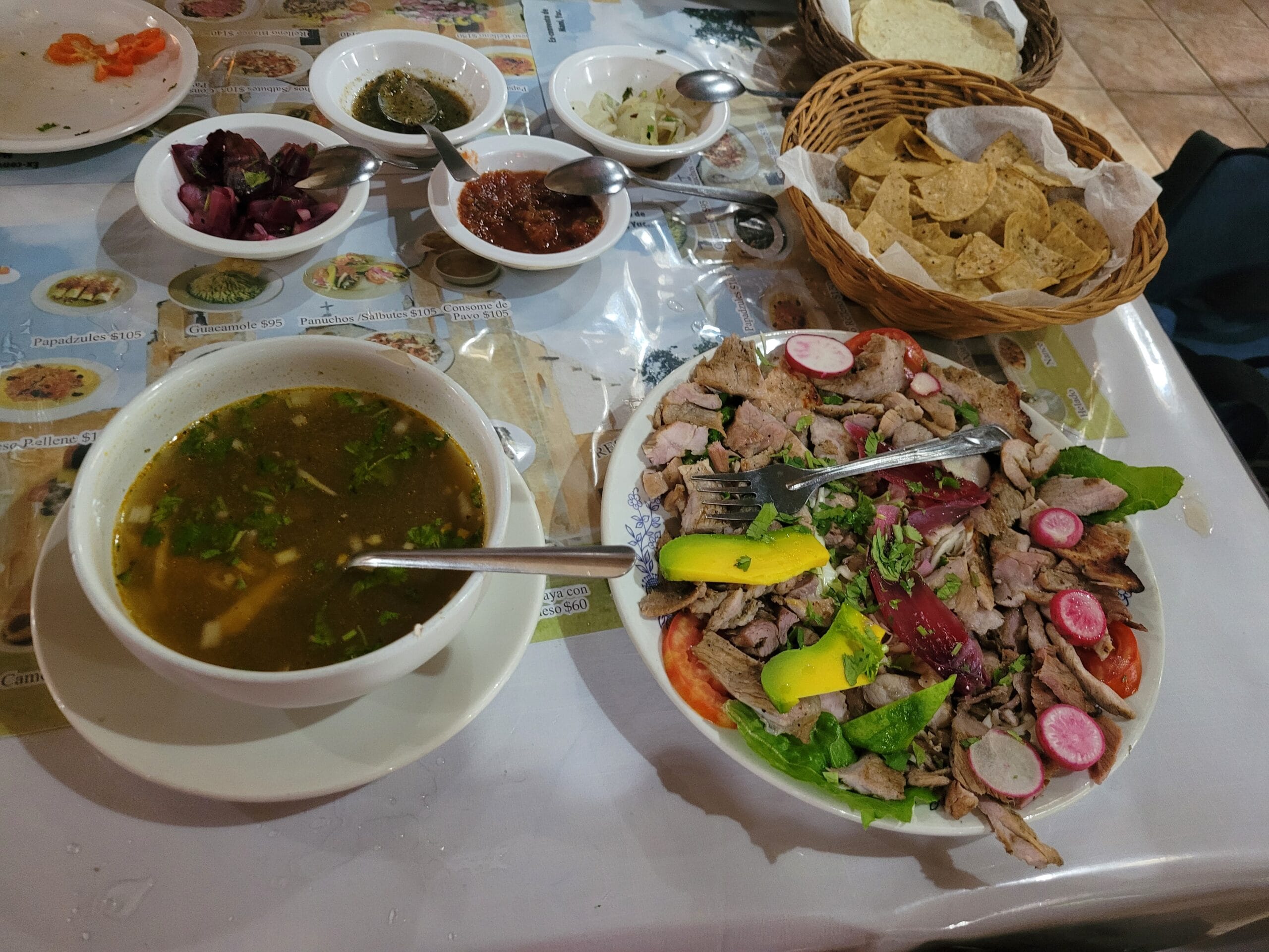A bowl of sopa de lima, Yucatecan lime soup, served in Mani, Yucatan