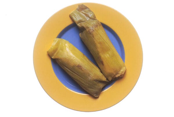 Tamales de elote served warm on a plate, traditional Salvadoran sweet corn tamales wrapped in corn husks