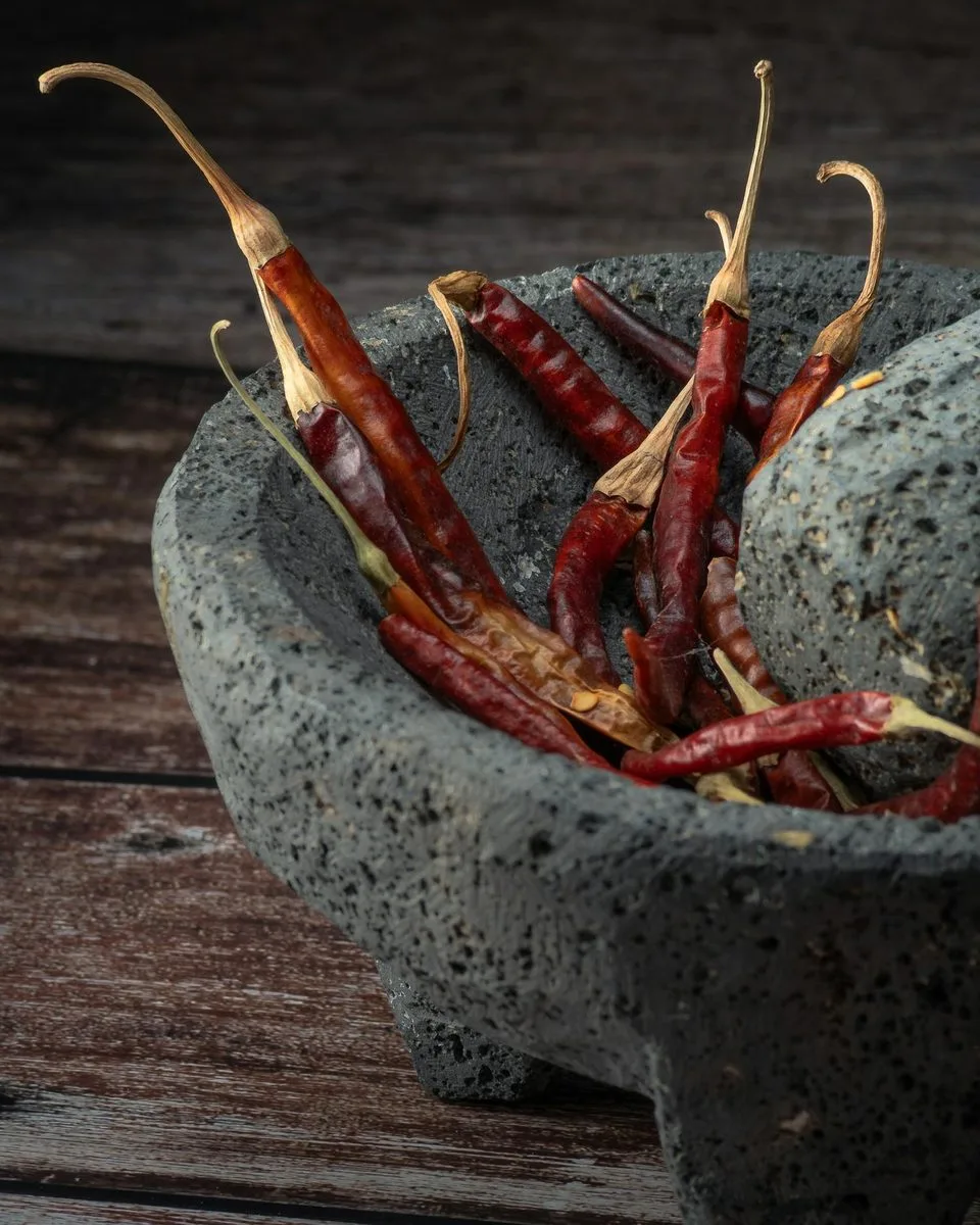 Dried red chiles in a stone molcajete, the recado base for hilachas