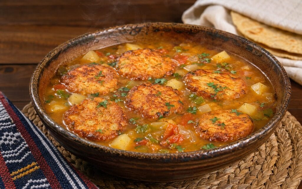 Bowl of Honduran sopa de capirotadas, golden fried masa and cheese cakes floating in an achiote-tinted tomato broth with peppers and onion, tortillas alongside