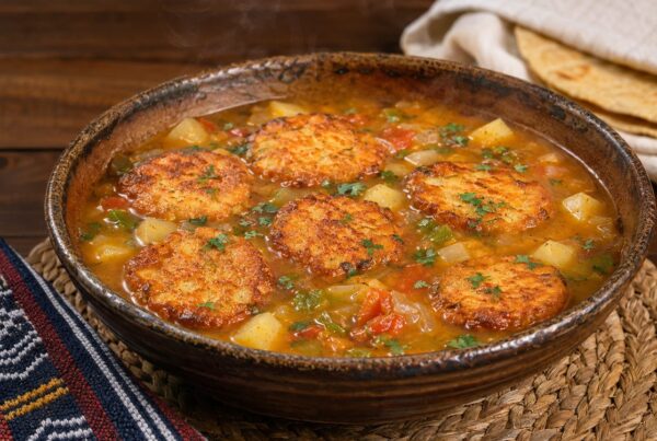 Bowl of Honduran sopa de capirotadas, golden fried masa and cheese cakes floating in an achiote-tinted tomato broth with peppers and onion, tortillas alongside