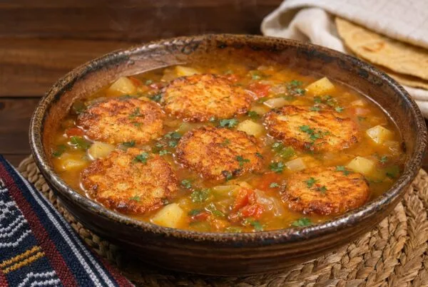 Bowl of Honduran sopa de capirotadas, golden fried masa and cheese cakes floating in an achiote-tinted tomato broth with peppers and onion, tortillas alongside