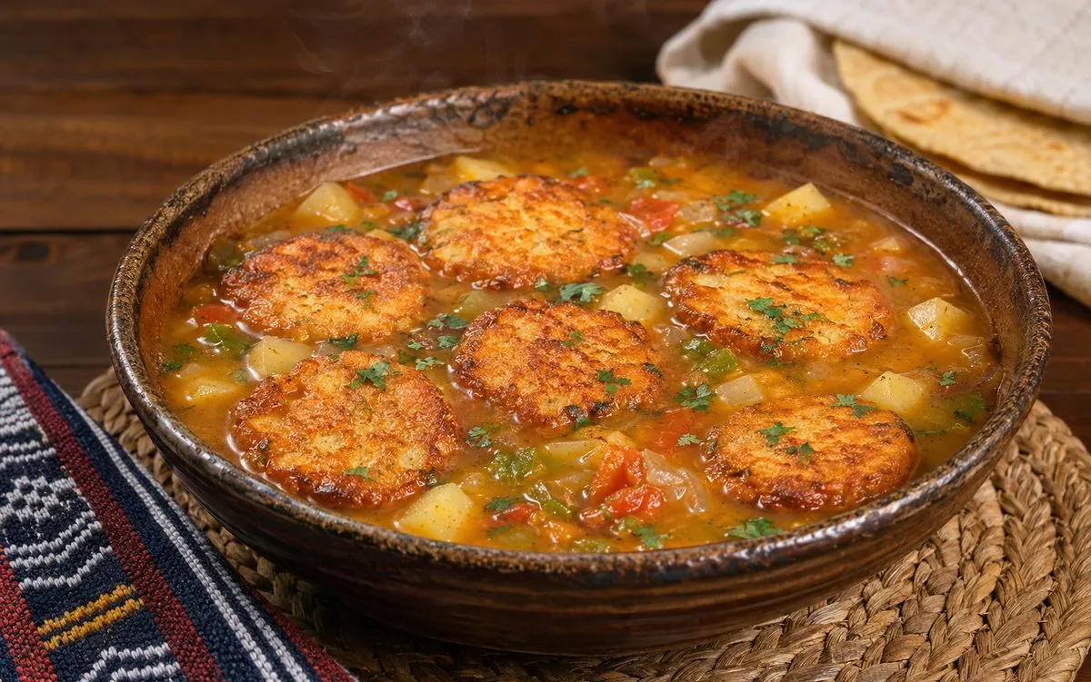 Bowl of Honduran sopa de capirotadas, golden fried masa and cheese cakes floating in an achiote-tinted tomato broth with peppers and onion, tortillas alongside