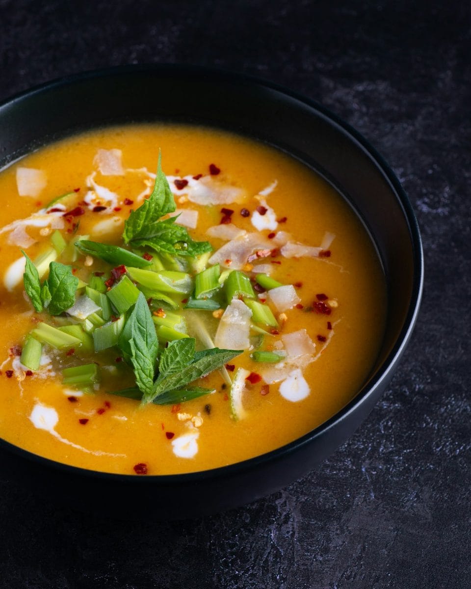 A red spiced Guatemalan soup finished with mint and scallion, kak ik