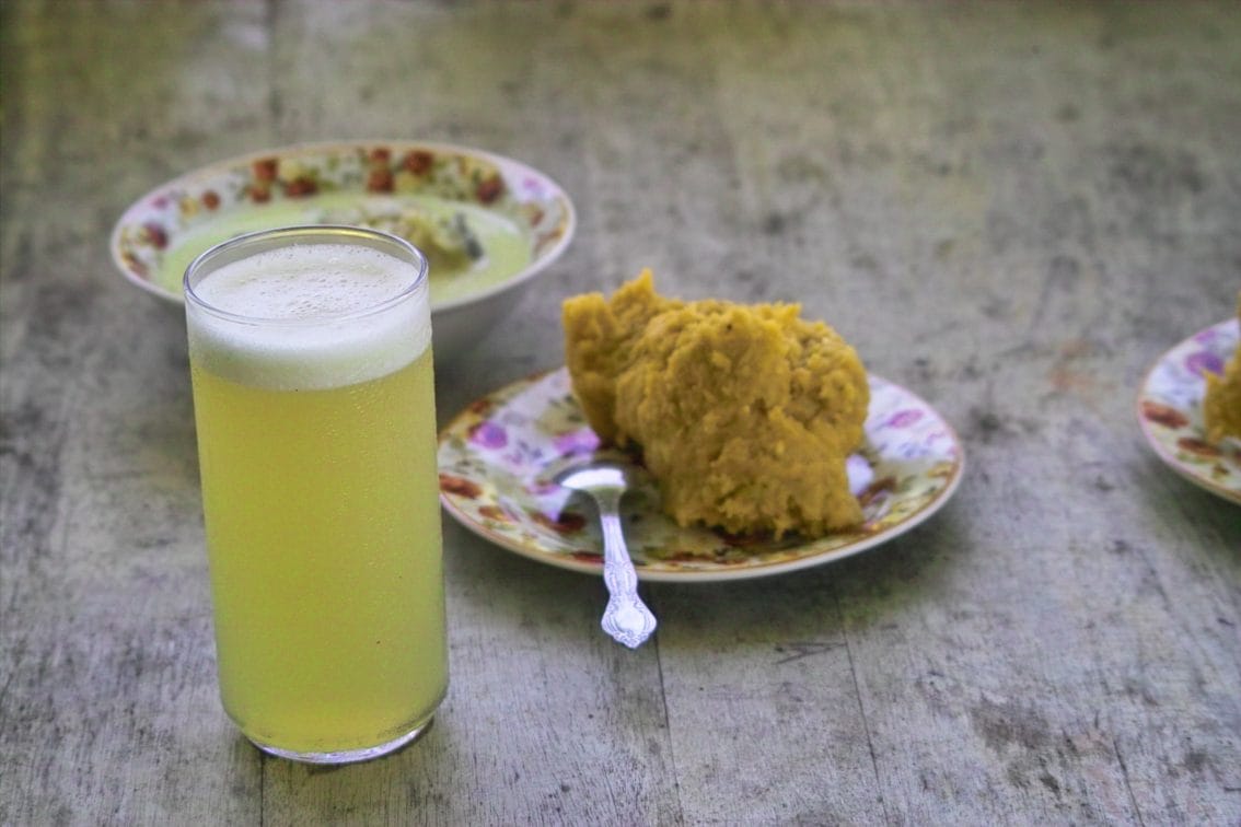 Garifuna pounded plantain with coconut seafood soup (machuca/hudut)