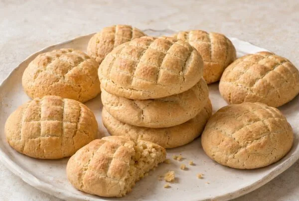 Plate of Salvadoran salpores de arroz, pale golden rice-flour cookies scored in a crosshatch pattern, one broken open to show the crumb
