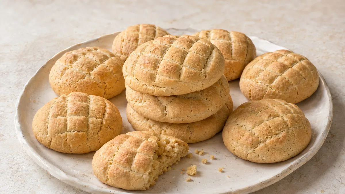 Plate of Salvadoran salpores de arroz, pale golden rice-flour cookies scored in a crosshatch pattern, one broken open to show the crumb
