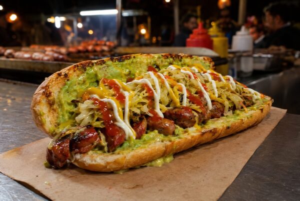 Guatemalan shuco on a toasted bun with guacamol, shredded cabbage, grilled sausage, mustard, ketchup and mayonesa at a night street stall
