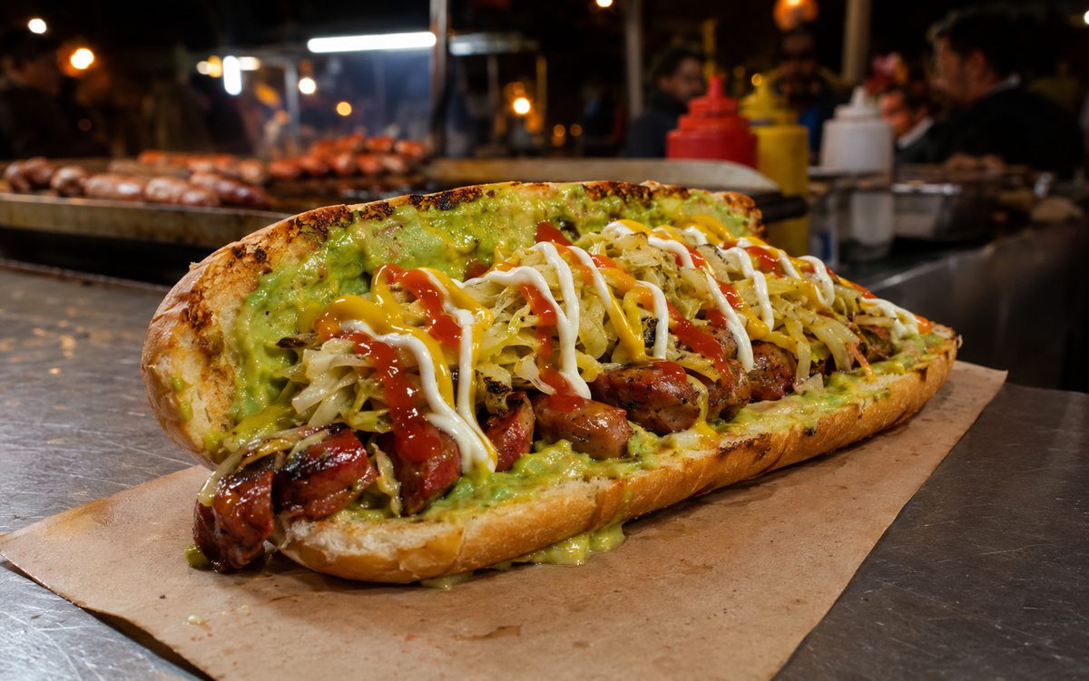 Guatemalan shuco on a toasted bun with guacamol, shredded cabbage, grilled sausage, mustard, ketchup and mayonesa at a night street stall