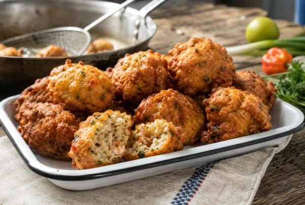 Platter of golden Haitian marinad fritters, one broken open to show shrimp and parsley in the batter, with a scotch bonnet pepper, scallions and a frying pan in the background