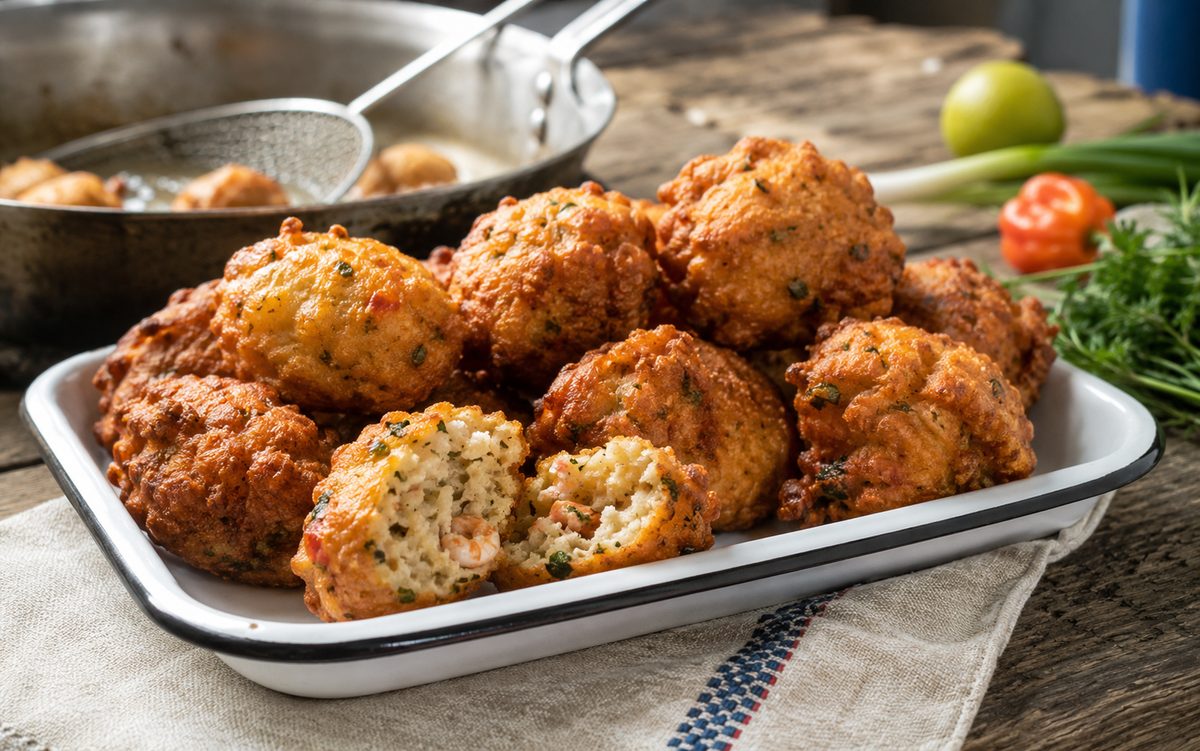 Platter of golden Haitian marinad fritters, one broken open to show shrimp and parsley in the batter, with a scotch bonnet pepper, scallions and a frying pan in the background