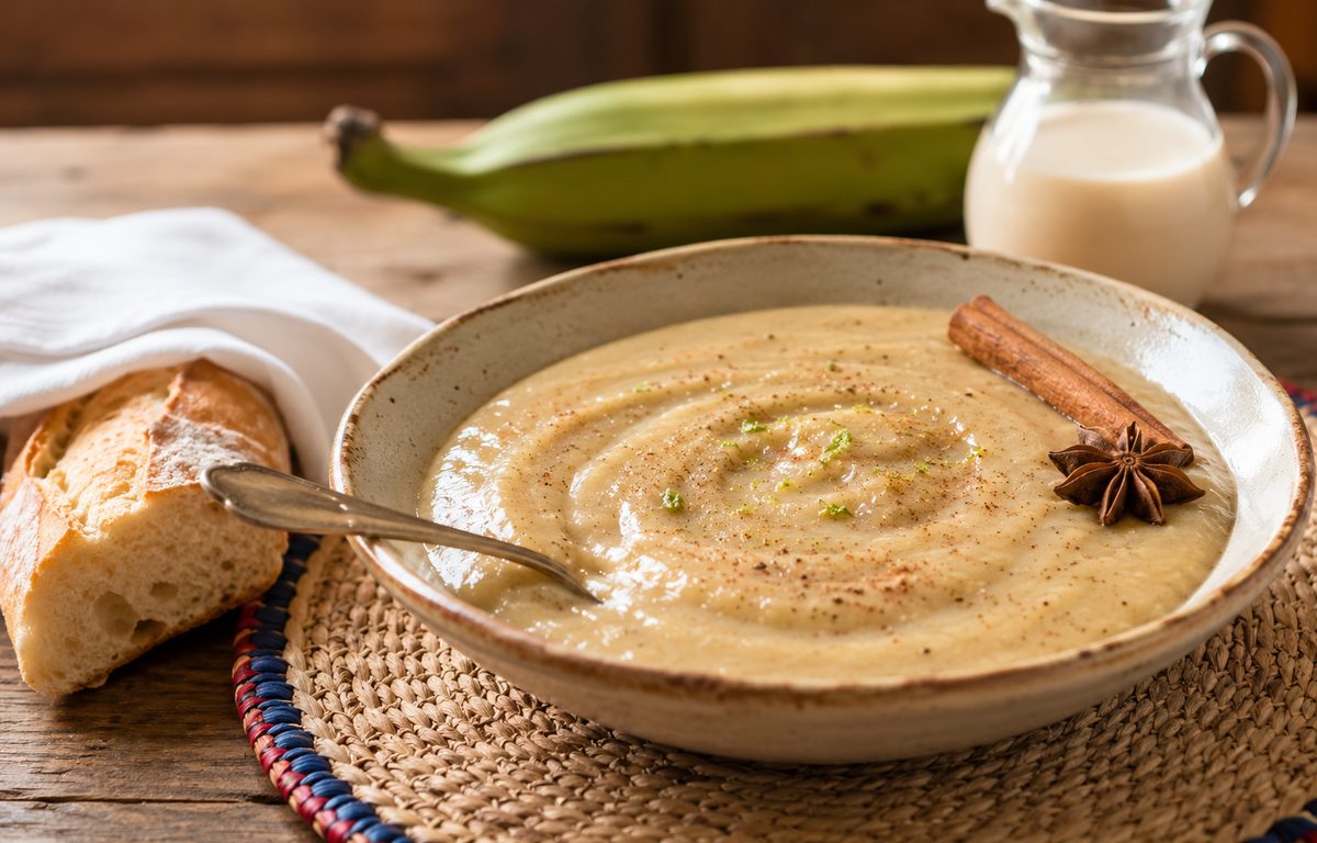 Bowl of Haitian labouyi bannann, a creamy green plantain porridge dusted with cinnamon and topped with a cinnamon stick and star anise, served with bread and evaporated milk