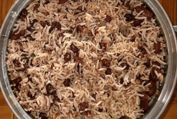 Jamaican rice and peas in a Dutch pot, red kidney beans through separate grains of rice