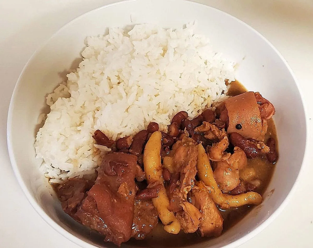Jamaican stew peas with red kidney beans and spinners