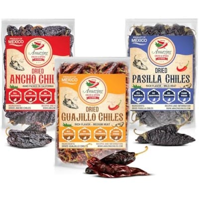 Dried Chile Peppers Variety Pack: Ancho, Guajillo, Pasilla (12 oz)