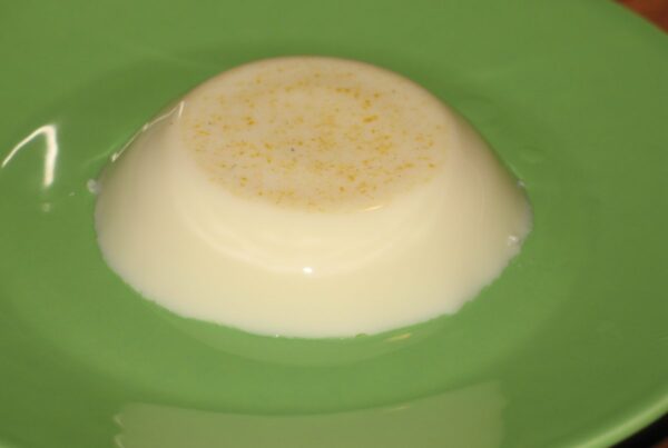 A white molded coconut pudding dusted with cinnamon, the shape tembleque takes when turned out of its mold