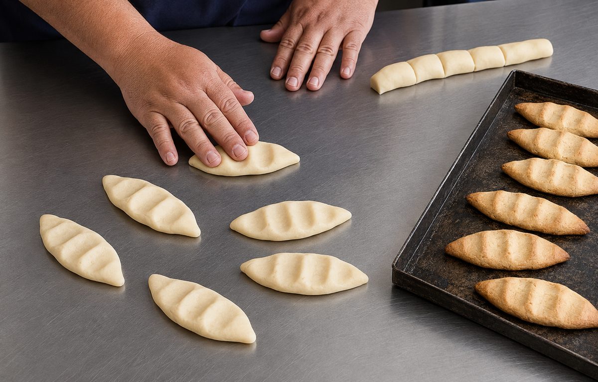 Hands pressing salpores dough into pointed oval shapes on a steel counter, a cut log of dough beside them and baked cookies on a sheet pan
