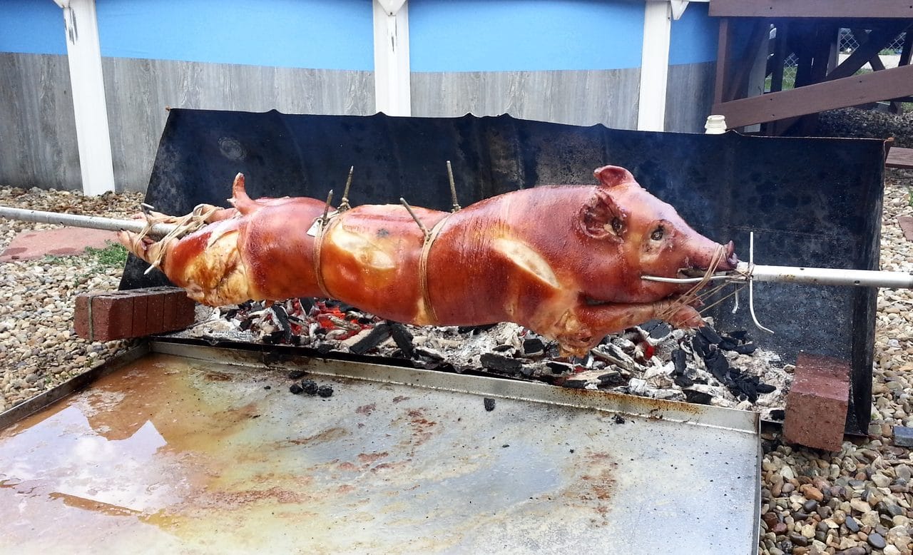 A whole pig turning on a spit over charcoal