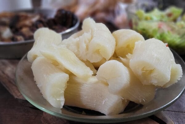 Boiled cassava pieces arranged on a plate