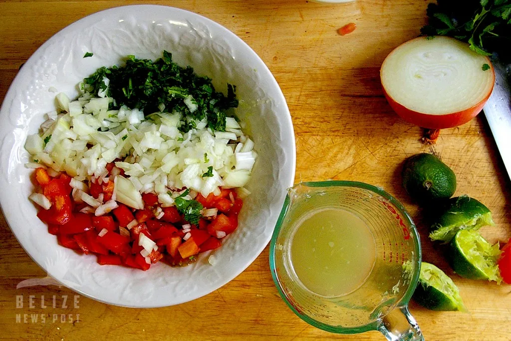 Belize Ceviche Ingredients in white bowl.