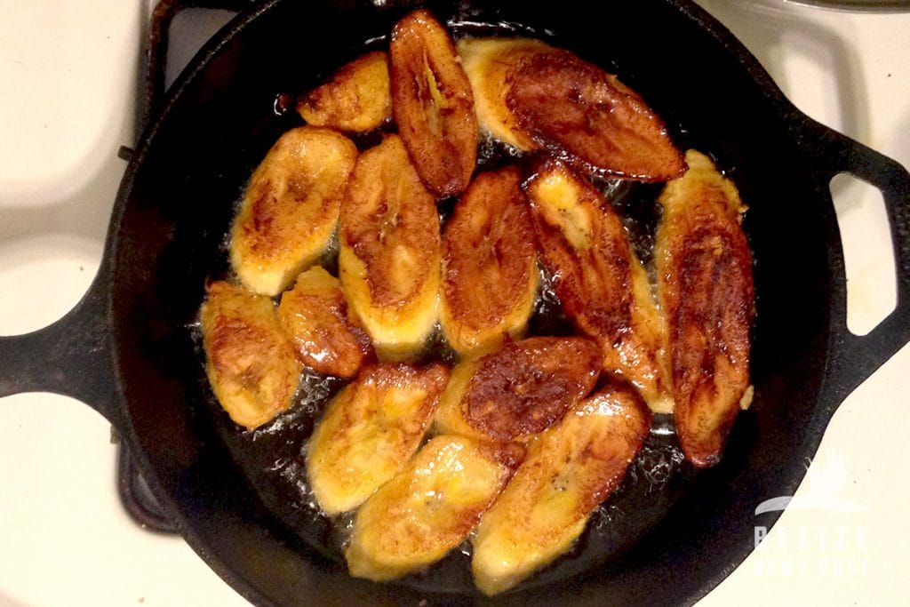Caramelized Plantains Frying Both Sides to Perfection. 