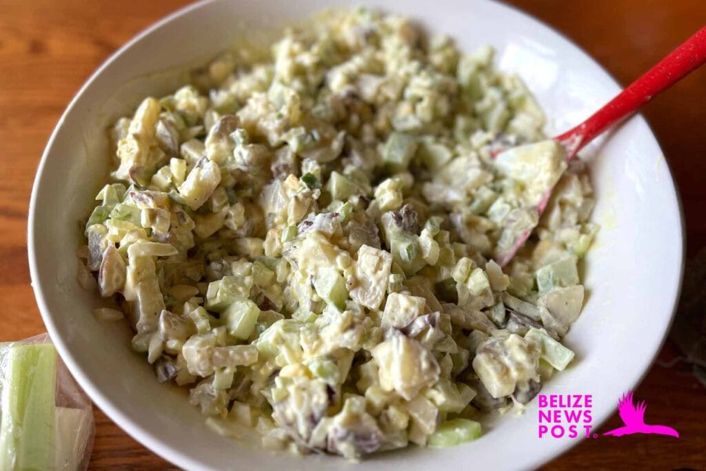 Potato Salad ingredients mixed in ready for the hard boiled eggs for presentation. 