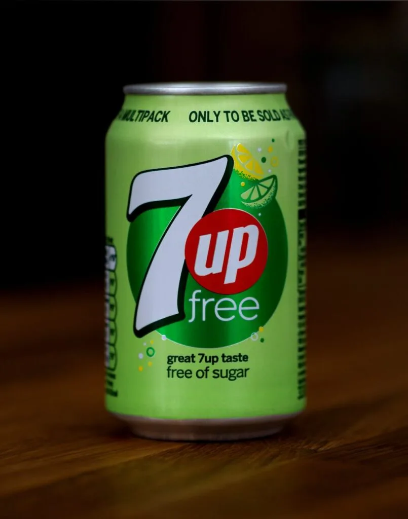close up photo of a can of 7up soda