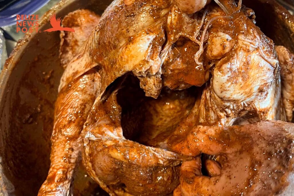 Rubbing all parts of the turkey with recado brine. Make sure to get inside the turkey.